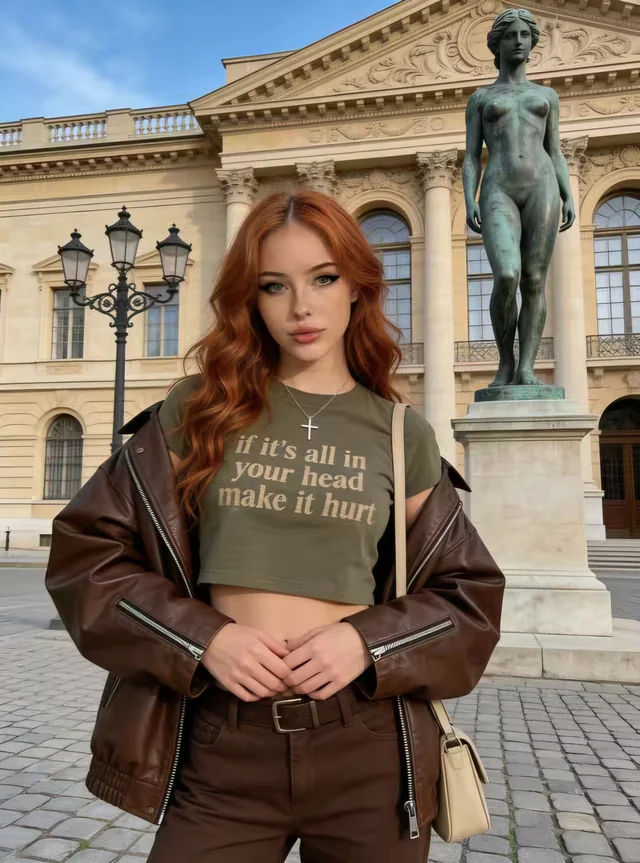 Adult AI-generated woman in a brown jacket in a city square